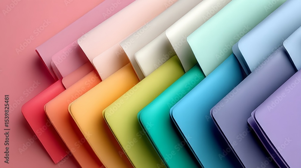 Poster colorful stack of paper with a rainbow pattern. the colors are vibrant and the paper is arranged in 