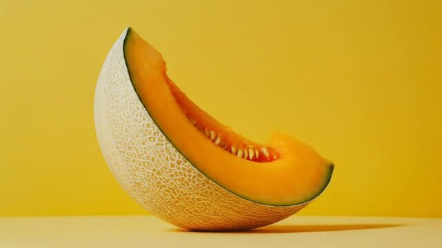 Cantaloupe melon slices on a yellow background in stop motion video