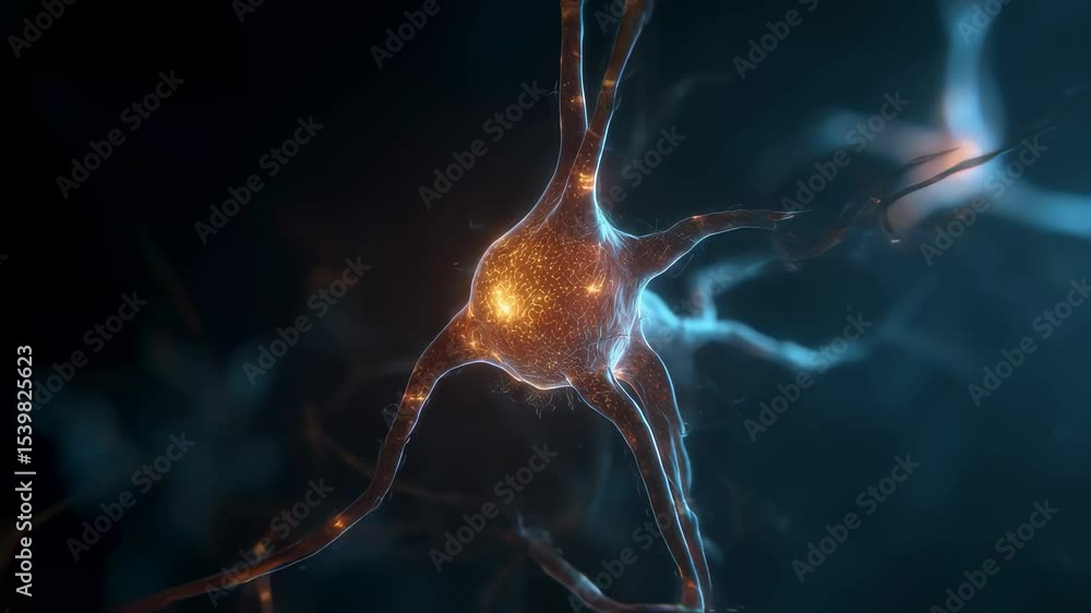 Poster intricate electrical signals traveling through complex neuronal network, visualizing detailed biolog