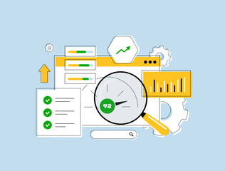 Content optimization process with search keyword analysis, readability score, quality links and SEO checklist. Content optimization strategy seo planning. Flat design outline vector illustration