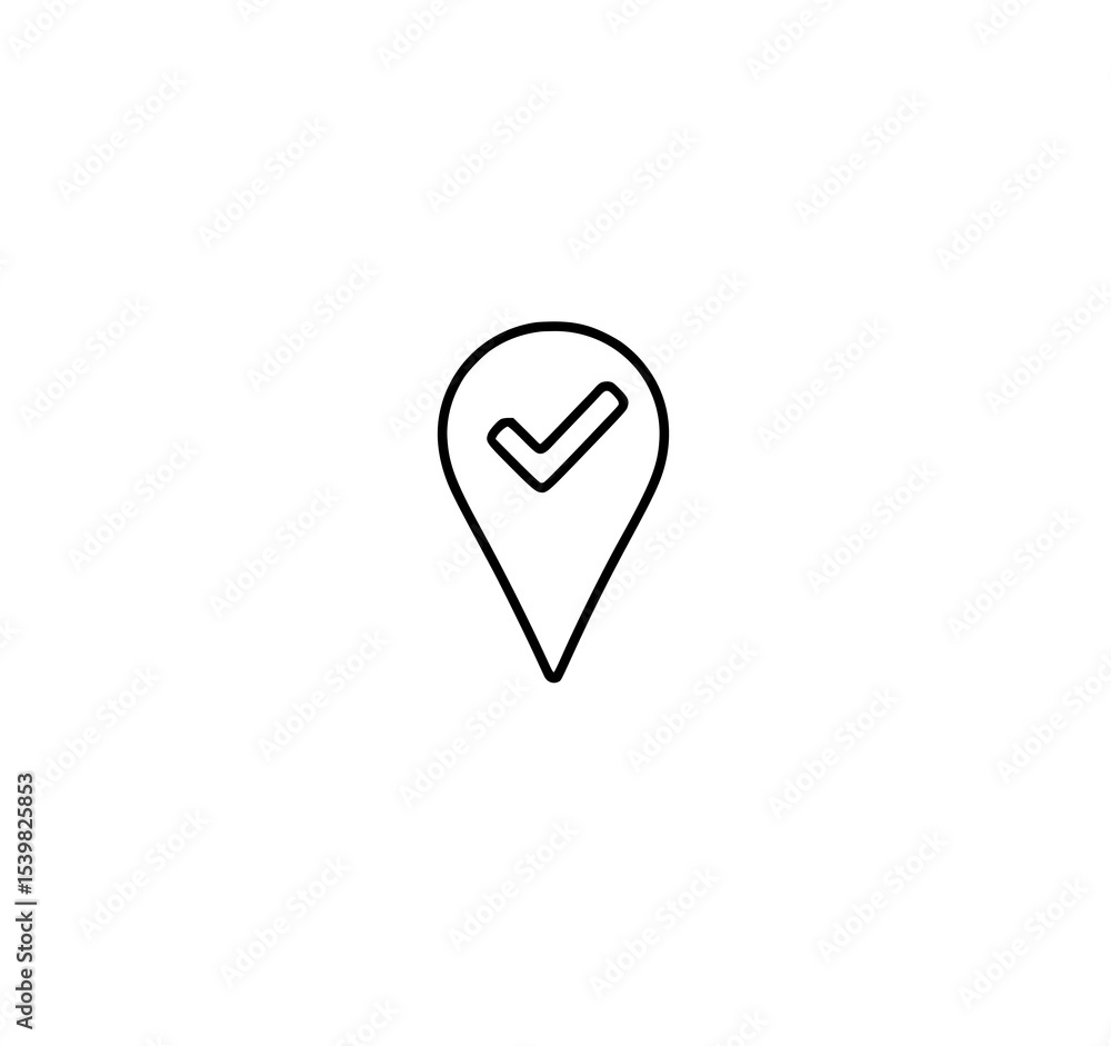 Poster location checkmark: a minimalist line art icon depicts a location pin with a checkmark inside, symbo