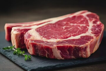 Fototapeta premium High-Quality Raw Ribeye Steak with Perfect Marbling Ready for Barbeque Cooking and Grilling