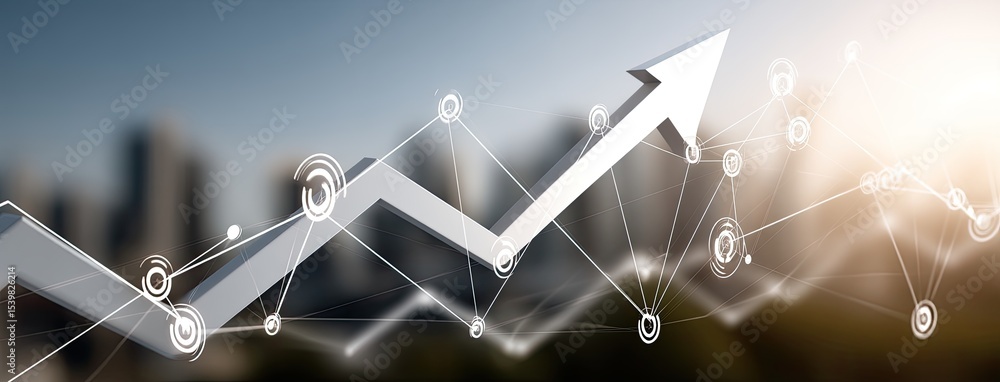 Poster dynamic city skyline features digital waves and upward arrows illustrating data production growth, w