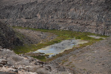 volcanic arid landscapes with trils, cliffs, and scattedred vegetation.