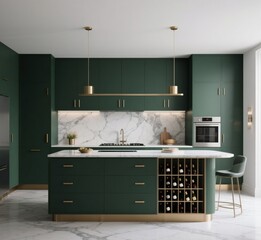 3D Render of Contemporary Kitchen with Green Cabinets, Brass Fixtures, Marble Features, and Integrated Wine Rack Island