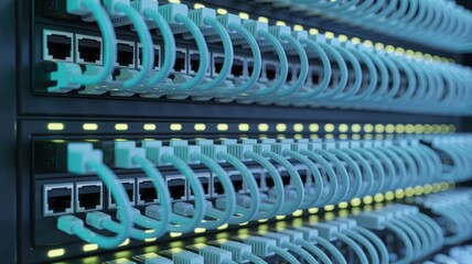 Fototapeta premium Network Infrastructure with Ethernet Cables Connecting Servers in a Data Center Showing Connectivity and Technology