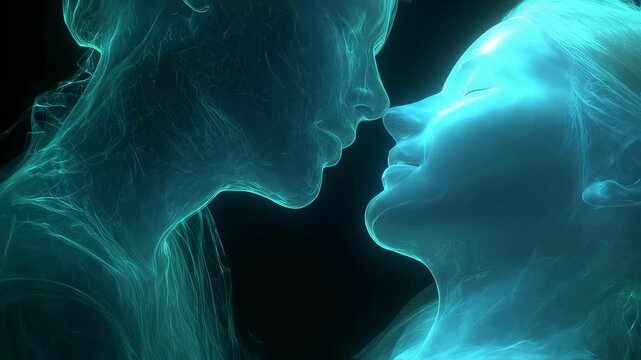 Intricate energy patterns revealing intimate connection between lovers, medical imaging technology visualizing deep emotional and physiological bonding through translucent anatomical representation
