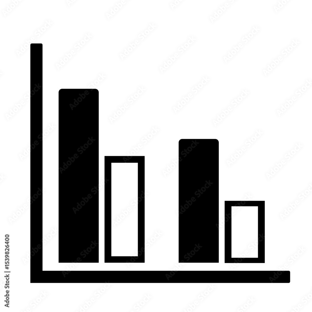 Poster black and white bar graph showing decreasing values with vertical and horizontal axis lines present 