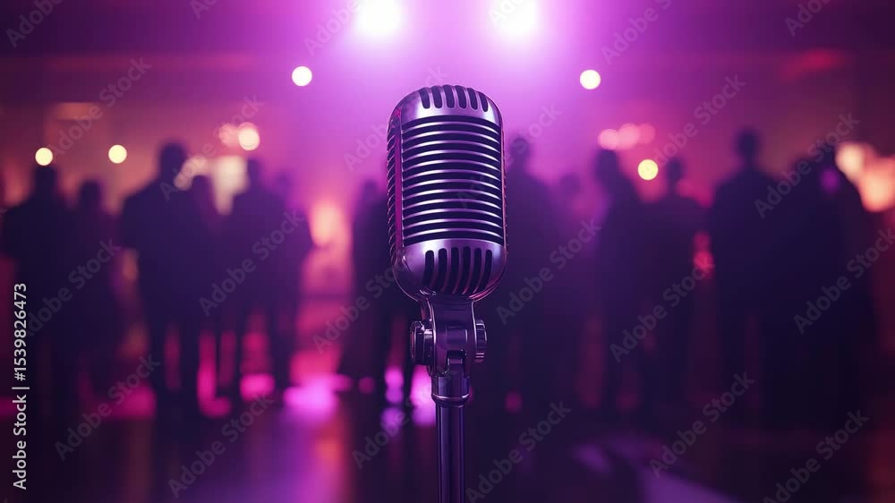 Poster a retro microphone stands in focus while a crowd gathers in the background at a music event featurin