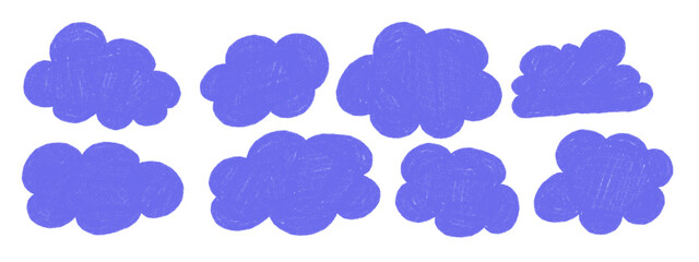 Obraz premium Hand drawn clouds with pastel pencil texture. Childish doodle fluffy cloud set. Vector illustration.