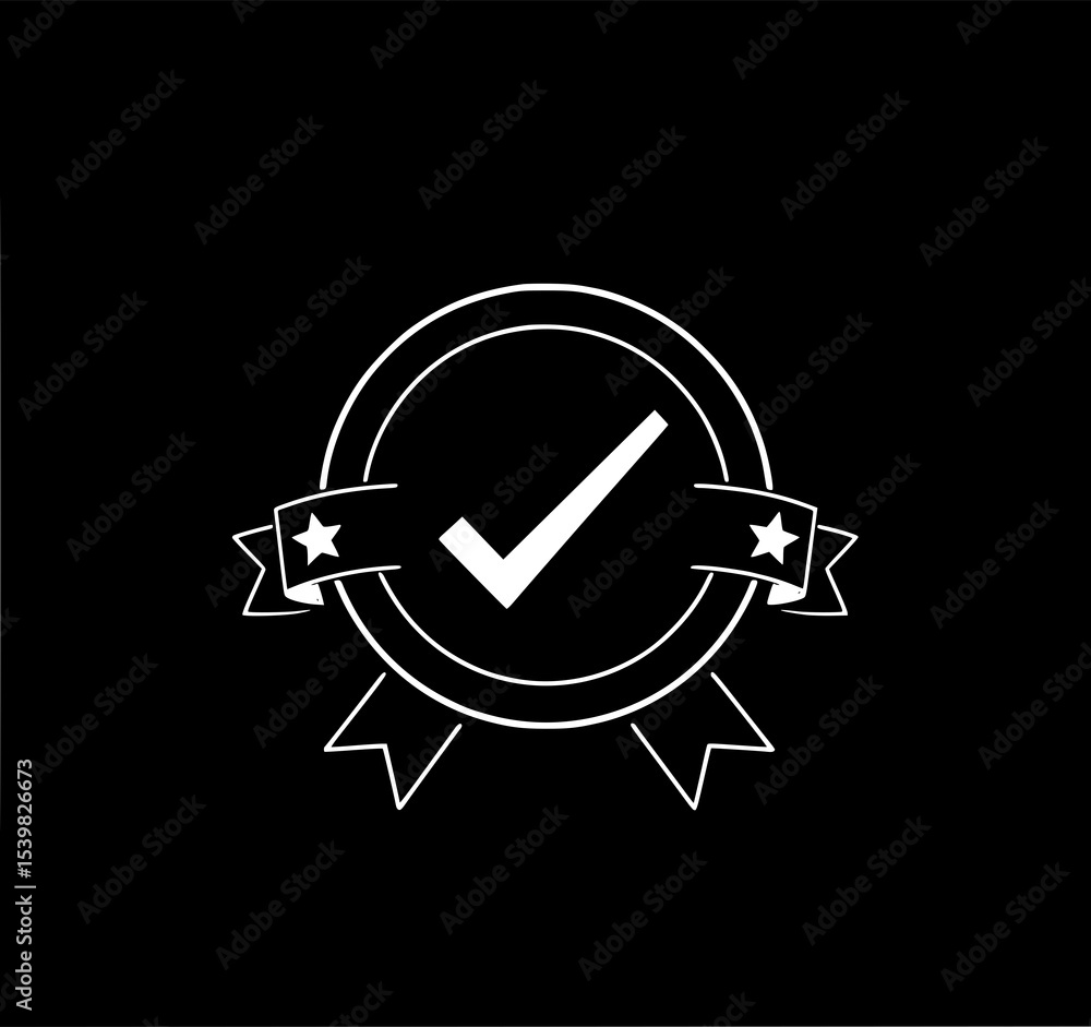 Poster approved badge: a minimalist line art illustration of a checkmark in a circular badge with ribbon an