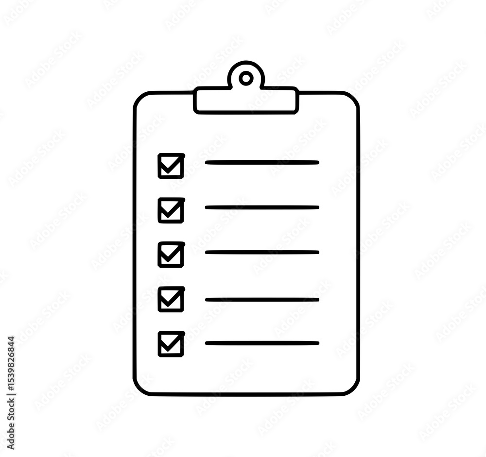 Poster checklist on clipboard: a simple line art illustration of a clipboard with a checklist, featuring ch