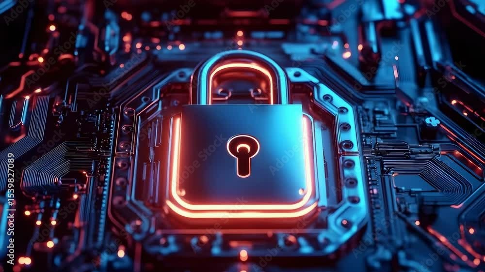 Poster a digital padlock is superimposed on a circuit board, symbolizing cybersecurity and data protection.