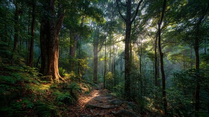 Obraz premium Sunlit Forest Path: Green Trees and Tranquil Atmosphere
