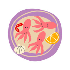 Seafood meals in cartoon style. on plate. Isolated vector illustration. Hand drawn Mediterranean sea food , summer vibe