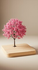 Pink Cherry Blossom Tree on Wooden Platform Minimalist Studio Shot.