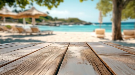 Empty wood table against  blurred shaded sun loungers on tropical beach. An ideal paradise background for summer product displays, vacation mockups, travel promotions.