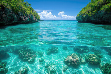 Tranquil Waters and Coral Landscapes Framed by Emerald Cliffs