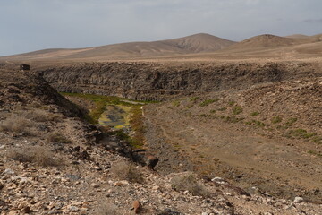 volcanic arid landscapes with trils, cliffs, and scattedred vegetation.
