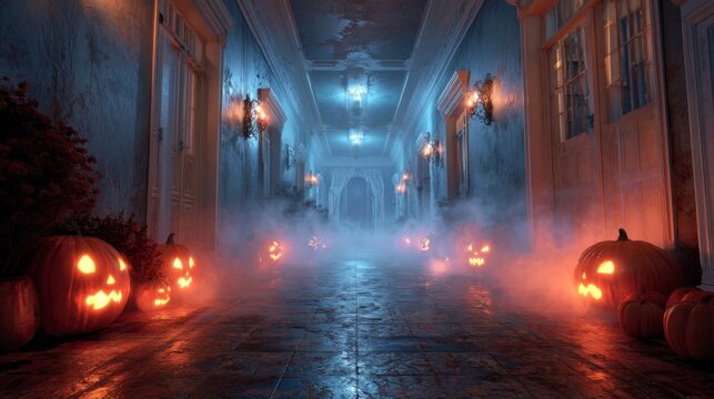 Spooky Corridor with Glowing Jack-o'-lanterns