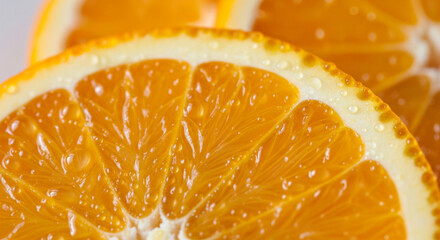 Close-up of sliced oranges showing bright orange and rich yellow hues, macro shot highlighting the texture of the fruit, shiny drops of fresh orange juice, soft light