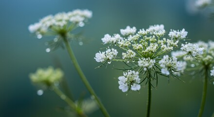 Queen Annes Lace blossoms adorned with glistening water droplets in soft focus.