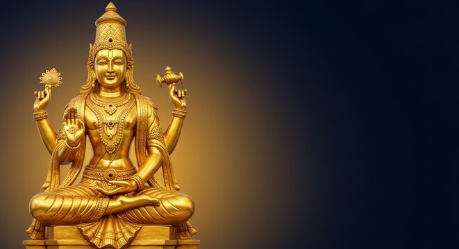 Golden statue of Vishnu on smooth gradient background