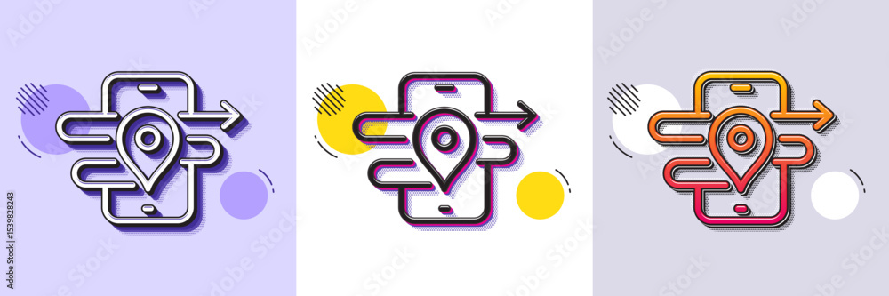 Poster gps line icon. halftone dotted pattern. gradient icon with grain shadow. phone navigation map sign. 