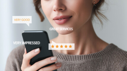Woman rating customer satisfaction on mobile phone with five star review.