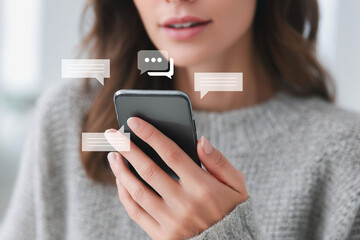 Woman using smartphone with chat bubbles, messaging and communication concept.
