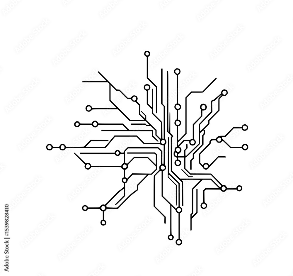 Poster circuit board line art: abstract monochrome vector illustration of a complex circuit board design, s