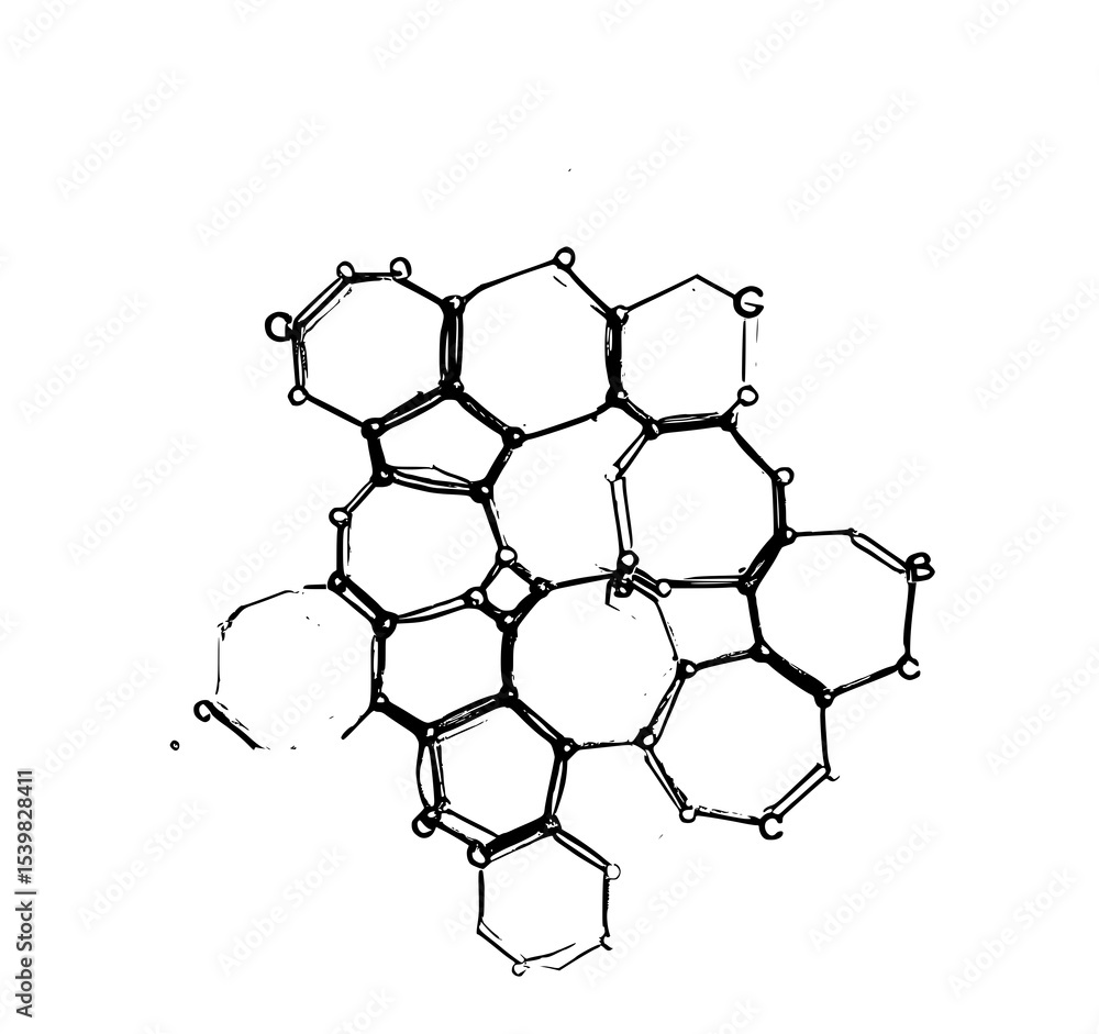 Poster abstract hexagonal network: a bold black and white line art illustration showcases an intricate netw