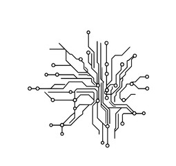 Circuit Board Line Art: Abstract monochrome vector illustration of a complex circuit board design, showcasing interconnected lines and nodes on a white background.