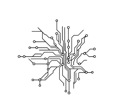 Circuit Board Line Art: Abstract monochrome vector illustration of a complex circuit board design, showcasing interconnected lines and nodes on a white background.