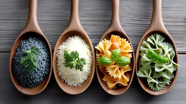 Four wooden spoons filled with different types of pasta. The spoons are arranged in a row, with each spoon containing a different type of pasta. The spoons are placed on a wooden table