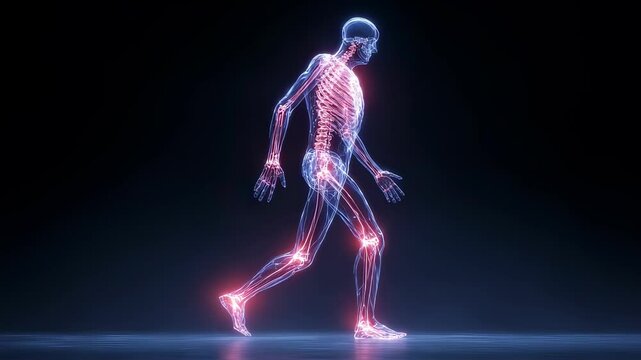 Transparent human skeleton demonstrating walking motion, revealing intricate joint connections and skeletal structure against dark backdrop, highlighting anatomical movement mechanisms