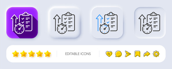 Timer line icon. Neumorphic, Flat shadow, 3d buttons. Stopwatch time results sign. Report checklist with countdown clock symbol. Line timer icon. Social media icons. Vector