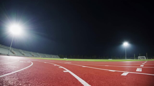 Nighttime view of empty running track illuminated by bright stadium lights in a serene athletic field