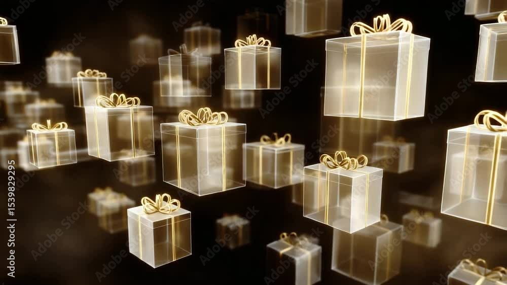Poster floating transparent gift boxes with golden bows and ribbons on abstract dark brown gradient backgro
