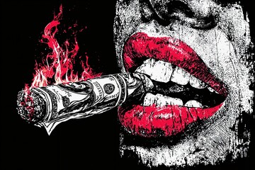 Una imagen impactante que representa una boca con labios rojos y gruesos, fumando un puro hecho con...