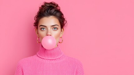 Woman in a pink sweater is blowing a bubble. The pink color of the sweater and the bubble creates a cheerful and playful mood