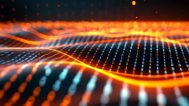 3D rendering of a digital binary code matrix background, scientific technology, intricate network design, vibrant glowing lines, seamless data flow, conveying connectivity and complexity