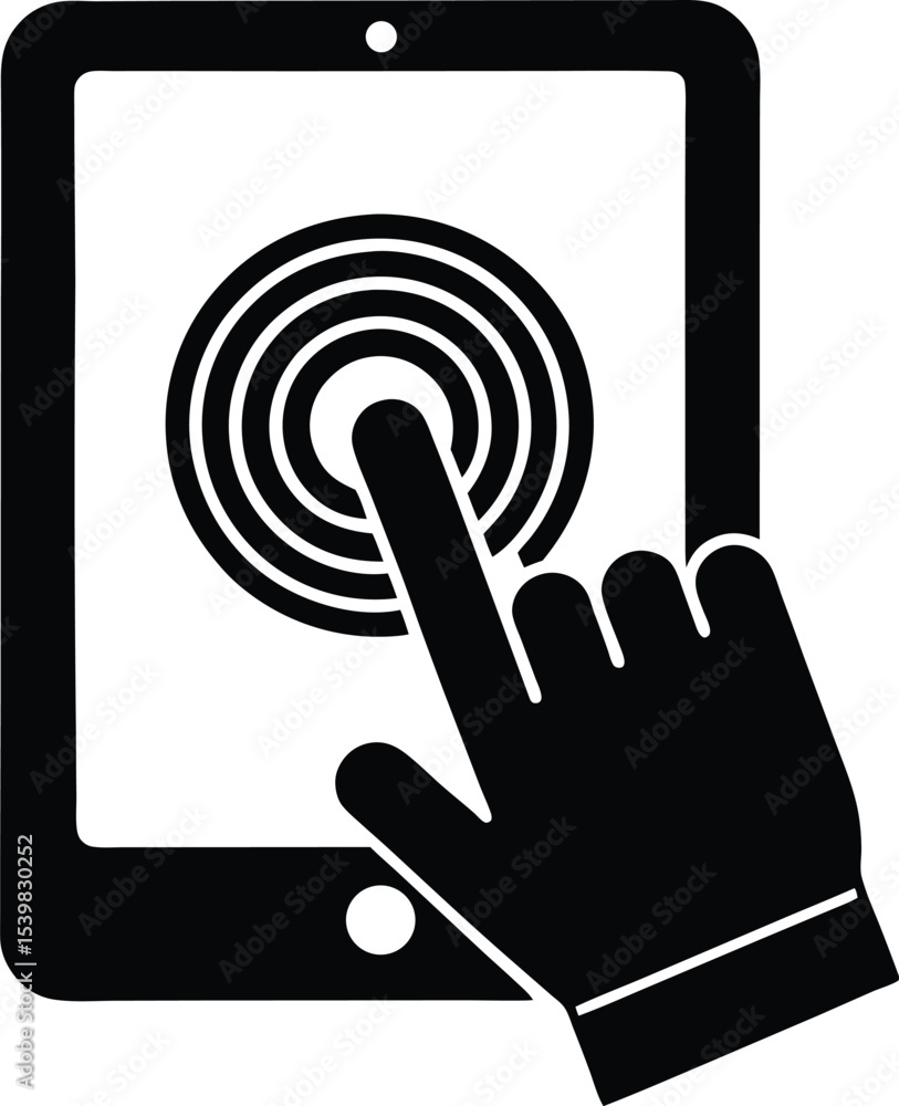 Aufkleber hand touching a touch screen silhouette tablet computer with target interface symbol