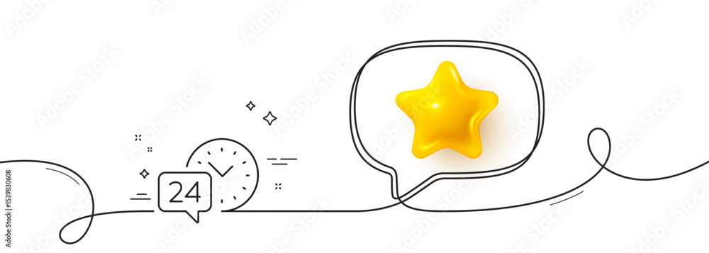 Poster 24 hour time service line icon. continuous line with 3d star. call support sign. feedback chat symbo
