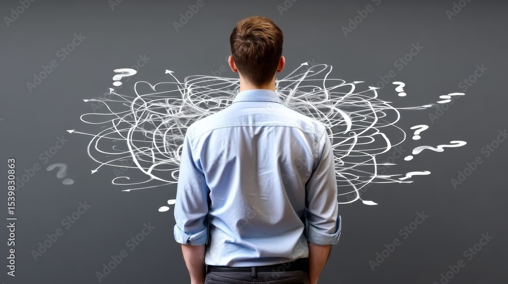 Poster man is looking at a wall with a lot of questions written on it. the man is confused and unsure of wh