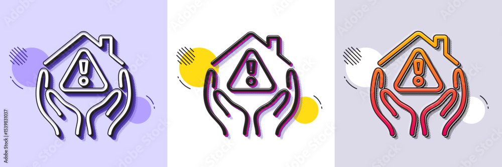 Poster house protection line icon. halftone dotted pattern. gradient icon with grain shadow. building warni