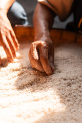 Close-up of elderly hands carefully sorting white rice in natural light. Traditional manual process with a cultural and rustic feel, symbolizing care, food, and labor.

