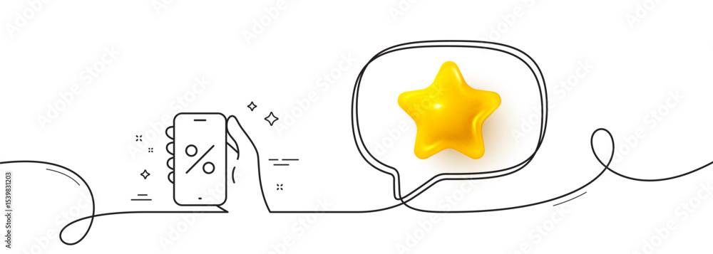 Poster discounts app line icon. continuous line with 3d star. sale offer sign. phone promotion price symbol