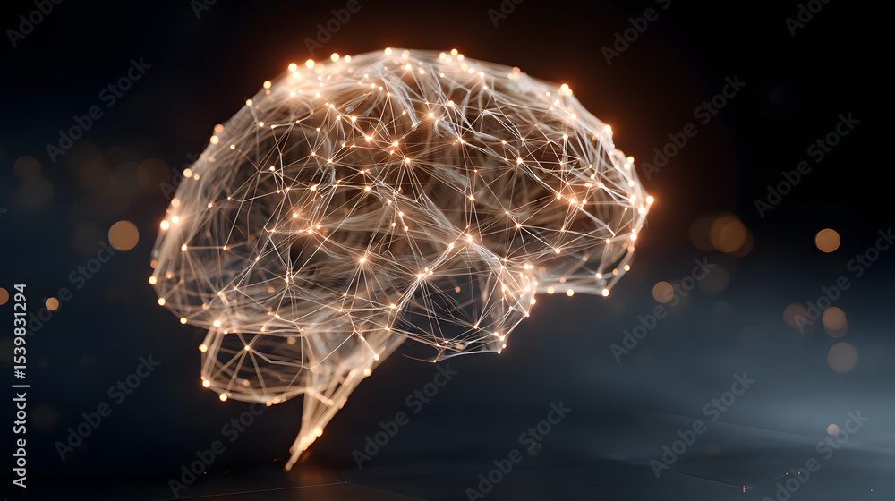 Poster glowing digital brain made of interconnected nodes and lines on a dark futuristic background.