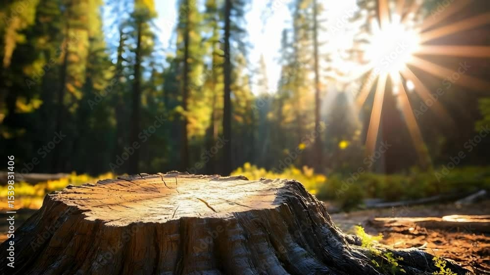 Poster a tree stump in a forest with sunlight streaming through the trees, creating a serene natural atmosp